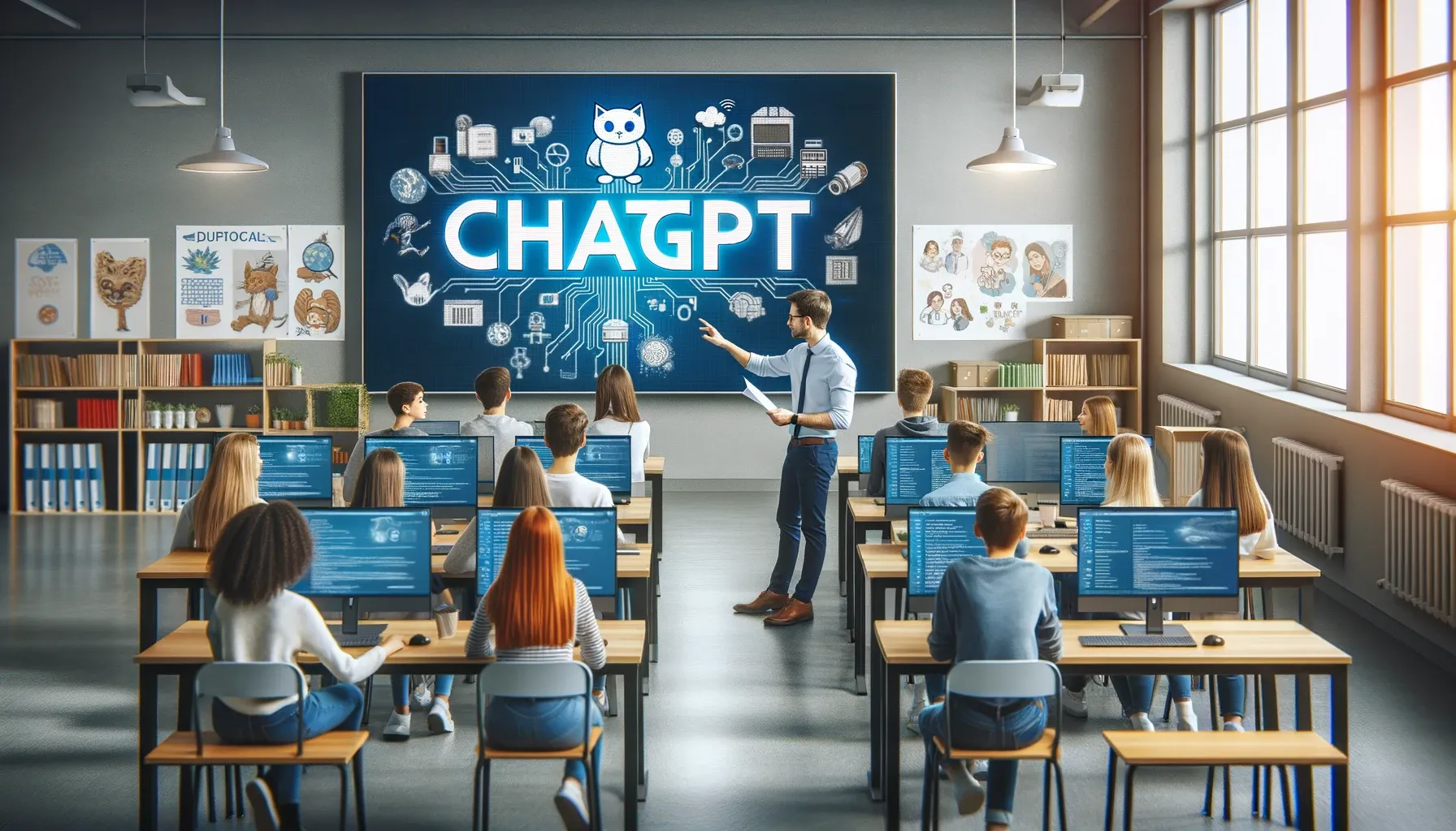 An image of a teacher conducting an interactive session on ChatGPT in a high school computer lab