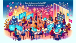 A digital illustration for a blog article titled 'Practical Cases of ChatGPT in Learning Processes