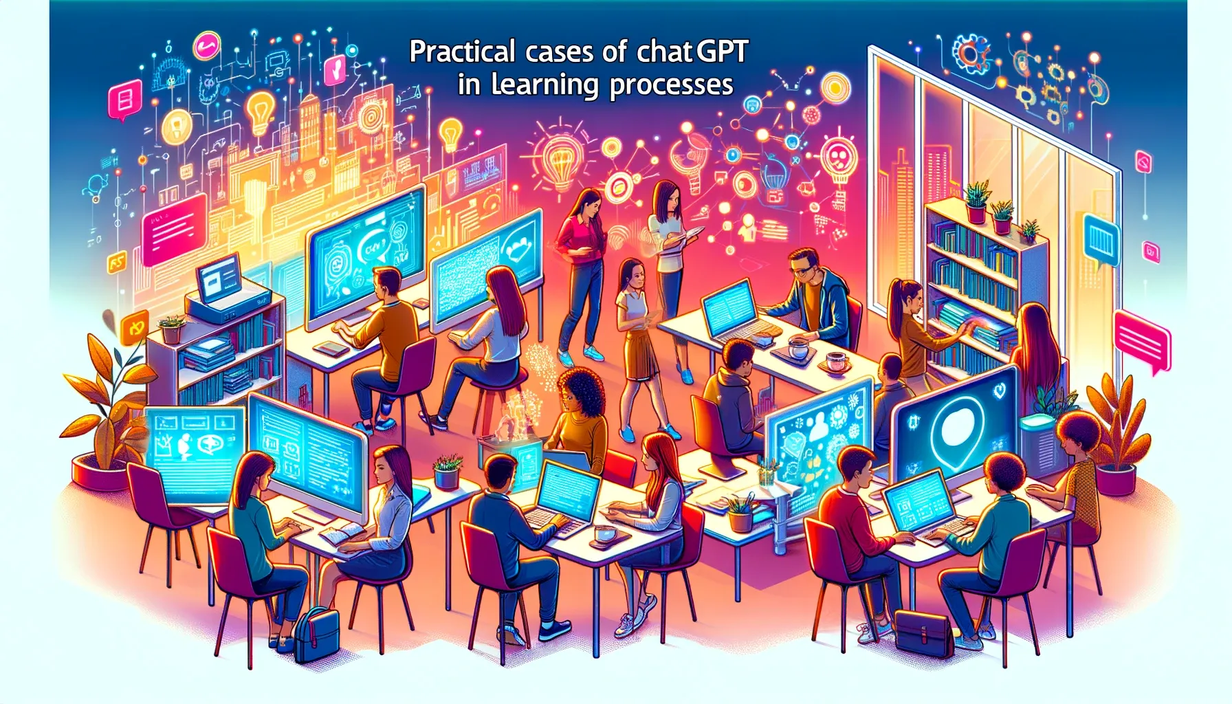 A digital illustration for a blog article titled 'Practical Cases of ChatGPT in Learning Processes