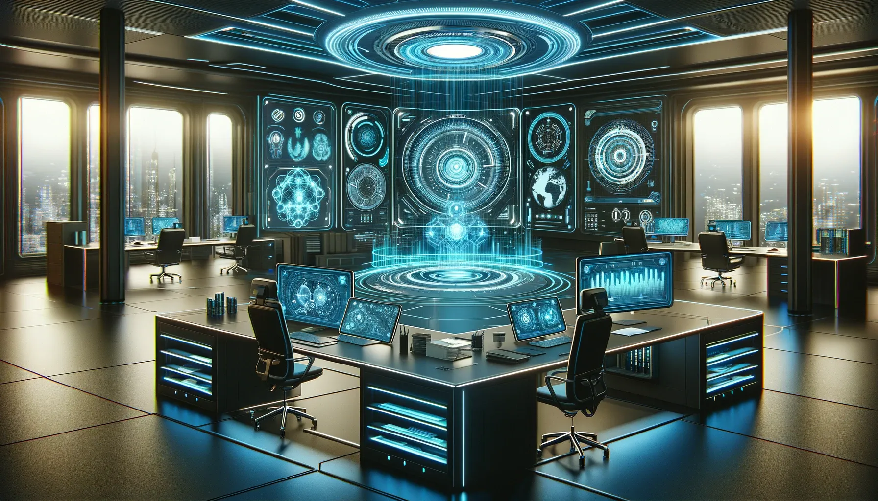 Futuristic office workspace with advanced technology and artificial intelligence interfaces